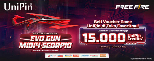 Beli Voucher Game UniPin di Toko Favoritmu dan Top Up Free Fire, dapatkan Cashback 15.000 dan miliki Evo Gun M1014 Scorpio!